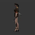 Female Game Movie Character In Military Style Uniform With Hat Weapon And High Heels