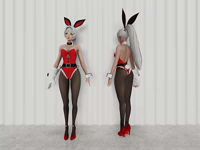 Game Movie Character With Red Bunny Costume Rabbit Ears Black Stockings And White Hair 3d model