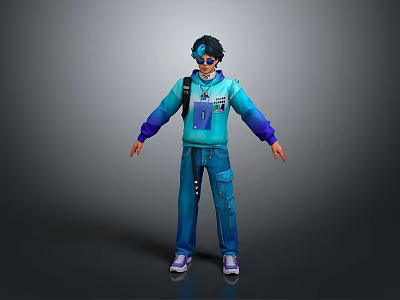 Man Wearing Blue Gradient Hoodie With Backpack And Sunglasses In Casual Blue Jeans Outfit 3d model