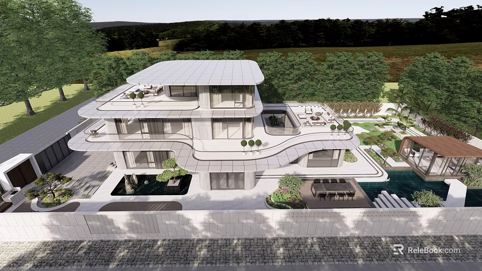 Modern Courtyard Garden With Villa Swimming Pool Terrace And Green Plants 3d model 