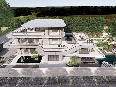 Modern Courtyard Garden With Villa Swimming Pool Terrace And Green Plants 3d model
