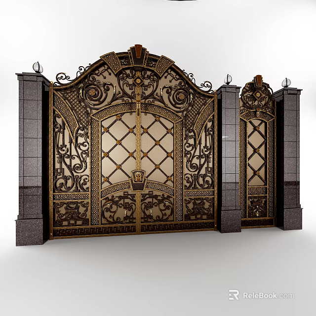Ornate Decorative Gate With Intricate Carvings Gold Accents And Stone Pillars Design 3d model 