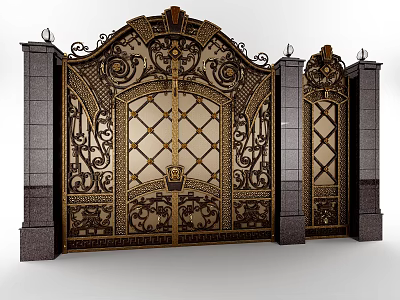 Ornate Decorative Gate With Intricate Carvings Gold Accents And Stone Pillars Design 3d model