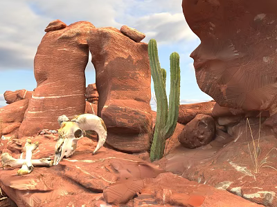 Outdoor Garden Ornaments Featuring Red Rocks Cactus and Natural Decorative Elements 3d model