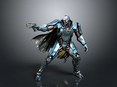 Sci Fi Character In Metallic Armor Holding Gun With Tattered Cloak And Battle Stance 3d model