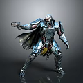 Sci Fi Character In Metallic Armor Holding Gun With Tattered Cloak And Battle Stance