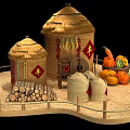 Traditional Harvest Scene With Straw Roof Barns Grain Bags Pumpkins Watermelon And Wooden Fence