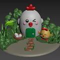 Cartoon Chicken Shaped House With Green Door Little Yellow Chick Egg Basket And Green Plants