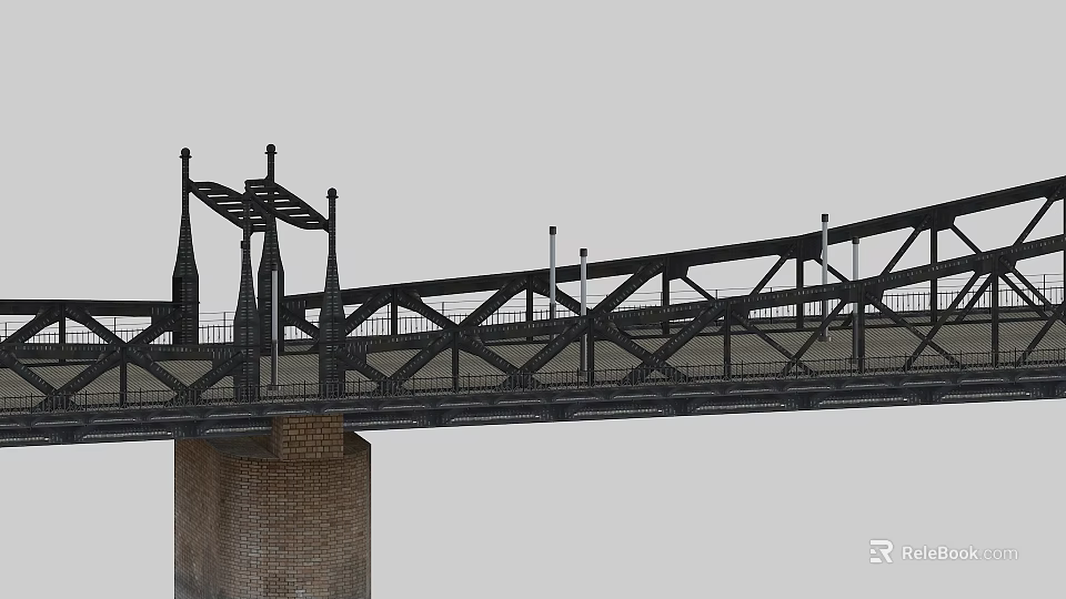Steel Truss Bridge Design With Brick Support Pillars And Metal Railings 3d model 