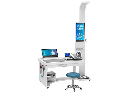 Medical Testing Equipment Workstation With Display Screen Laptop Circular Device And Stool 3d model