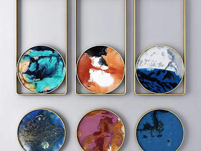 Colorful Abstract Round Framed Paintings With Golden Frames For Wall Decor 3d model