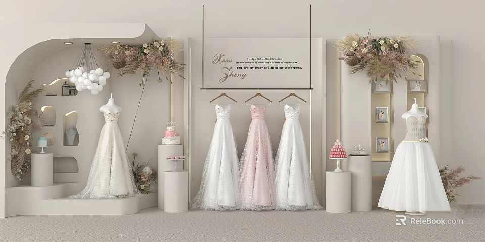 Elegant Bridal Window Display With White Pink Wedding Dresses Floral Decorations And Cake Displays 3d model 