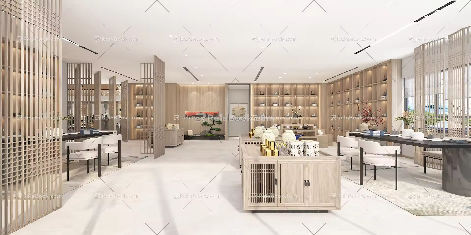 Tea Cabinet Tea Booth New Chinese Style Log Partition Tea Table Screen Partition Green Plant Landscape 3d model