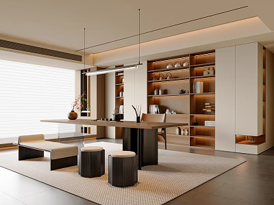 Modern Open Concept Tea Room with Wooden Bookshelves Long Table Cushioned Stools and Pendant Lights 3d model