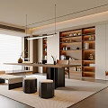 Modern Open Concept Tea Room with Wooden Bookshelves Long Table Cushioned Stools and Pendant Lights