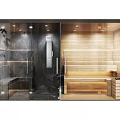 Modern Shower Sauna Interior Design With Wooden Benches Metal Fixtures And Marble Accents