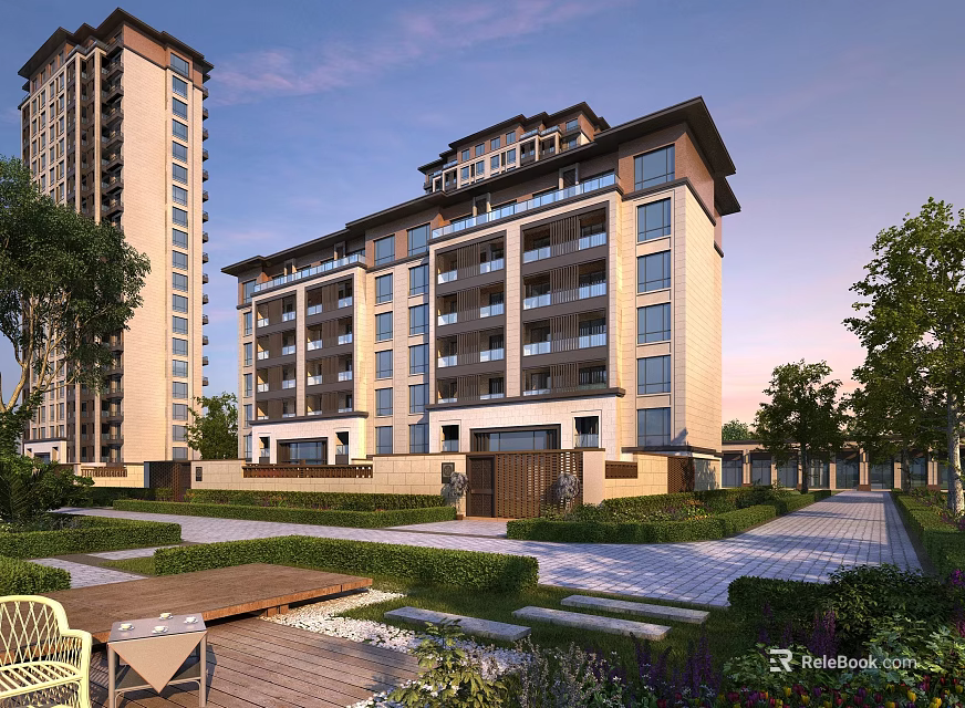 Modern Residential Building Featuring Landscaped Garden Greenery And Wooden Deck Pathways 3d model 
