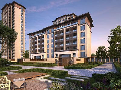Modern Residential Building Featuring Landscaped Garden Greenery And Wooden Deck Pathways 3d model