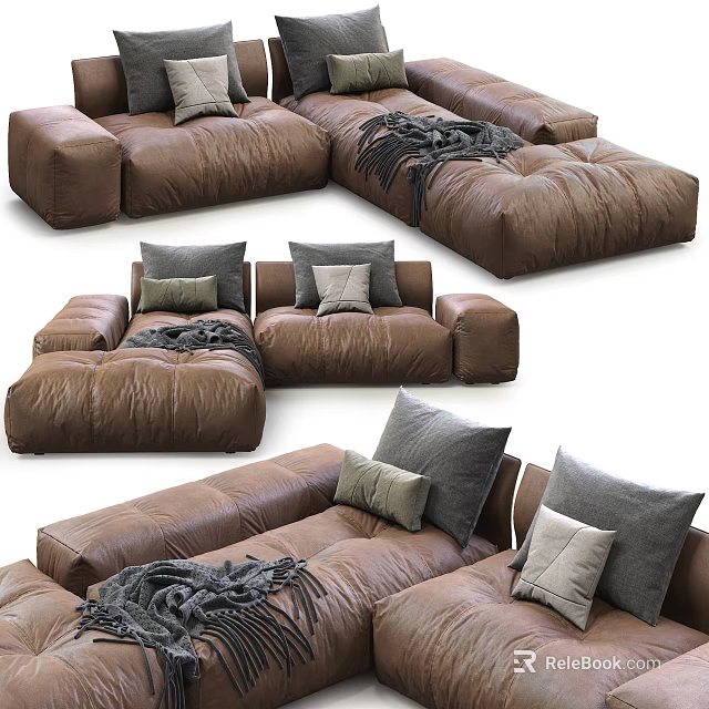 Brown Leather Sectional Sofa With Gray And Beige Pillows And Throw Blanket 3d model