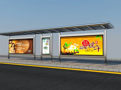 Outdoor Bus Stop With Billboards Shelter Along Sidewalk And Road 3d model