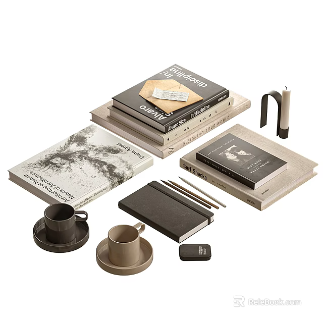 Stylish Books Magazines With Coffee Cups Notebook Pencils And Candle 3d model 