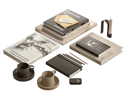 Stylish Books Magazines With Coffee Cups Notebook Pencils And Candle 3d model