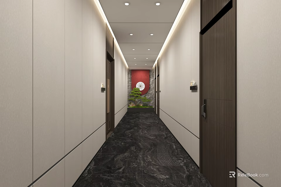 Modern Elevator Hallway With Dark Marble Flooring Light Walls Red Accent Wall And Recessed Lighting 3d model 