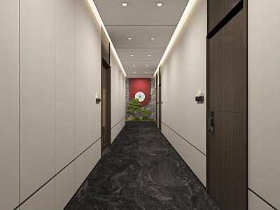 Modern Elevator Hallway With Dark Marble Flooring Light Walls Red Accent Wall And Recessed Lighting 3d model