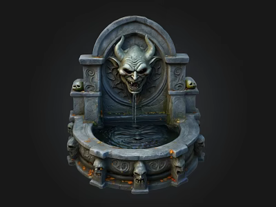 Ornate Gothic Stone Fountain Design With Demon Head And Skulls 3d model
