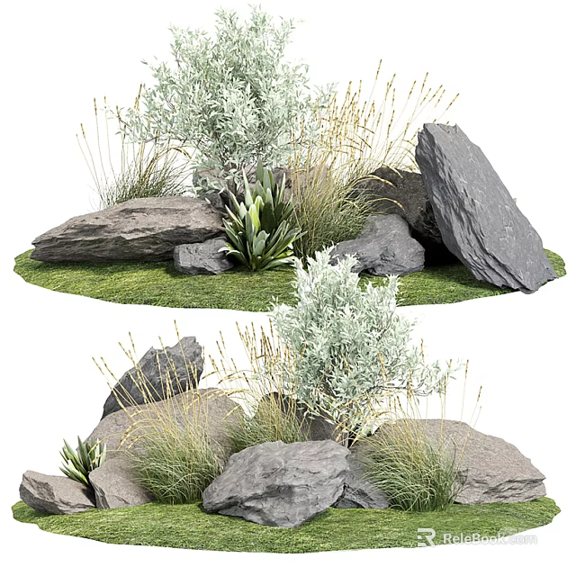 Natural Stone And Wood Garden Landscape With Green Grass And Leafy Plants 3d model 