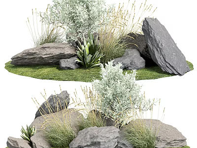 Natural Stone And Wood Garden Landscape With Green Grass And Leafy Plants 3d model