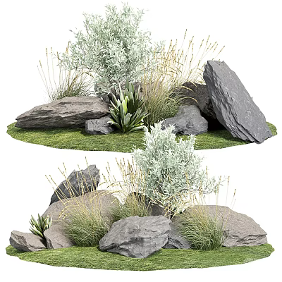 Natural Stone And Wood Garden Landscape With Green Grass And Leafy Plants 3d model