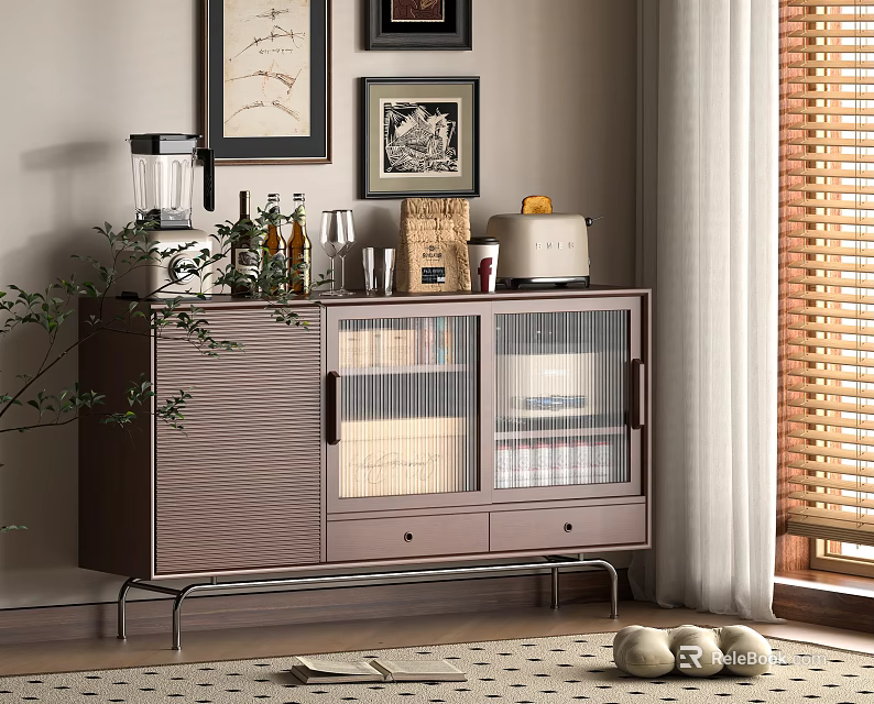 Modern Sideboard with Glass Doors Coffee Maker Wine Bottles and Toaster in Living Room 3d model 
