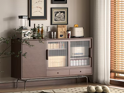Modern Sideboard with Glass Doors Coffee Maker Wine Bottles and Toaster in Living Room 3d model
