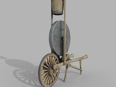 Ancient Wooden Wheelbarrow With Large Wheel And Hanging Bucket Structure 3d model