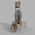Ancient Wooden Wheelbarrow With Large Wheel And Hanging Bucket Structure