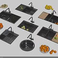 Modern Kitchen Sinks with Faucet Drainer Basket Cutting Board and Fresh Oranges Lemons