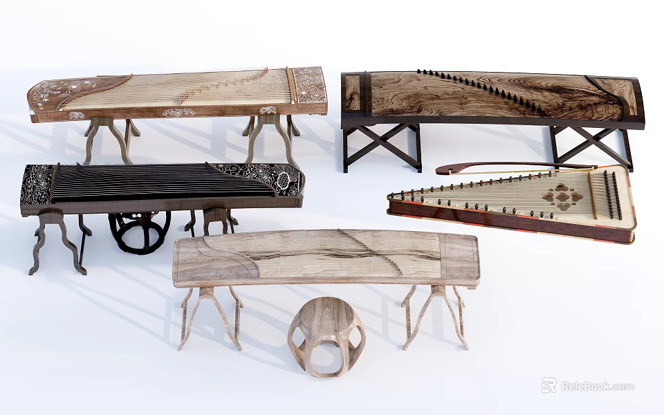 Collection Of Traditional Musical Instruments With Wooden Frames And Strings 3d model 