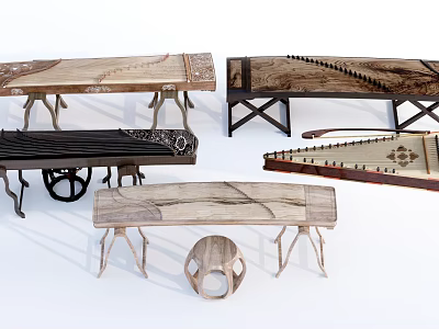 Collection Of Traditional Musical Instruments With Wooden Frames And Strings 3d model