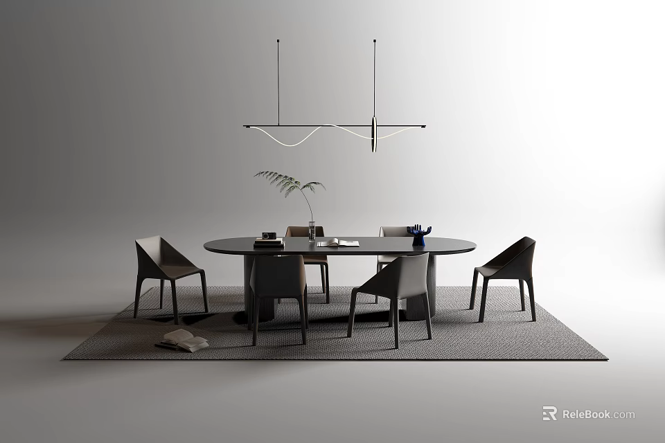 Modern Round Dining Table Set with Four Chairs Hanging Lights and Area Rug 3d model
