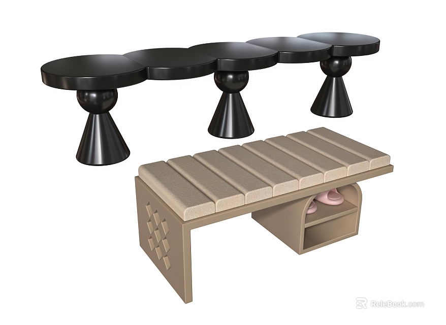 Black Cone Leg Round Stools And Brown Wooden Bench With Storage Drawer And Pink Slippers 3d model 