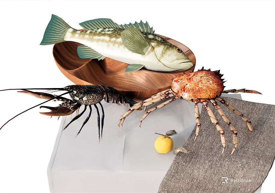Fresh Seafood Assortment Including Fish Lobster Crab In Wooden Bowl With Lemon 3d model 