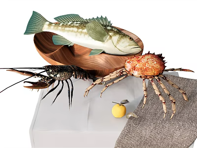 Fresh Seafood Assortment Including Fish Lobster Crab In Wooden Bowl With Lemon 3d model