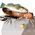 Fresh Seafood Assortment Including Fish Lobster Crab In Wooden Bowl With Lemon