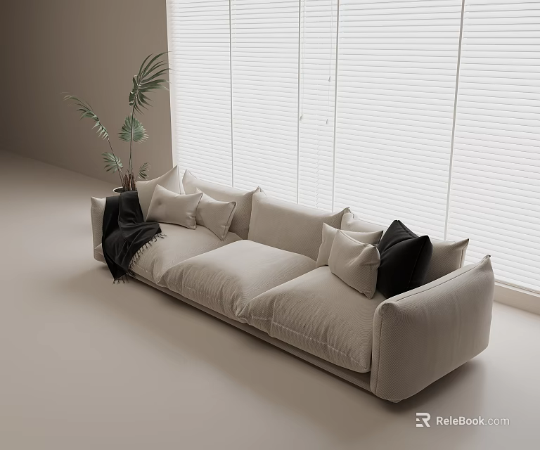 Beige Three-Seater Sofa With White Black Pillows And Potted Plant Near White Blinds 3d model 