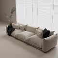 Beige Three-Seater Sofa With White Black Pillows And Potted Plant Near White Blinds