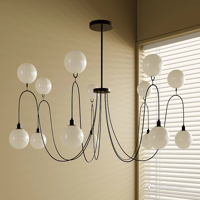 Modern Chandelier With Black Metal Frame And Multiple White Spherical Bulbs In Living Room 3d model 