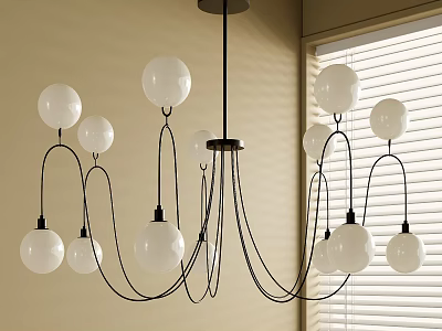 Modern Chandelier With Black Metal Frame And Multiple White Spherical Bulbs In Living Room 3d model
