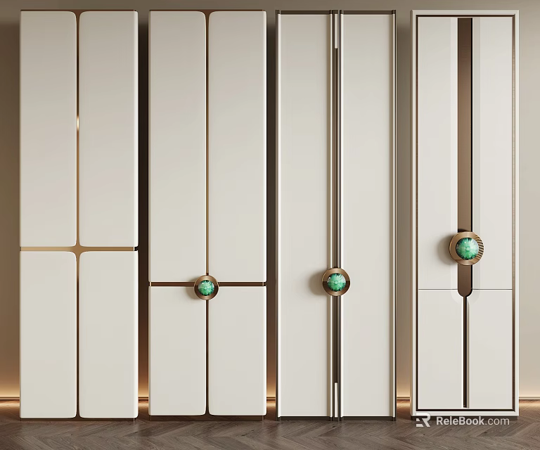 Modern Luxury White Wall Panels with Golden Lines and Green Gemstone Accents 3d model 