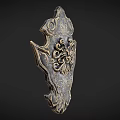 Ornate Metal Shield With Intricate Carvings And Mythical Decorative Motifs Design